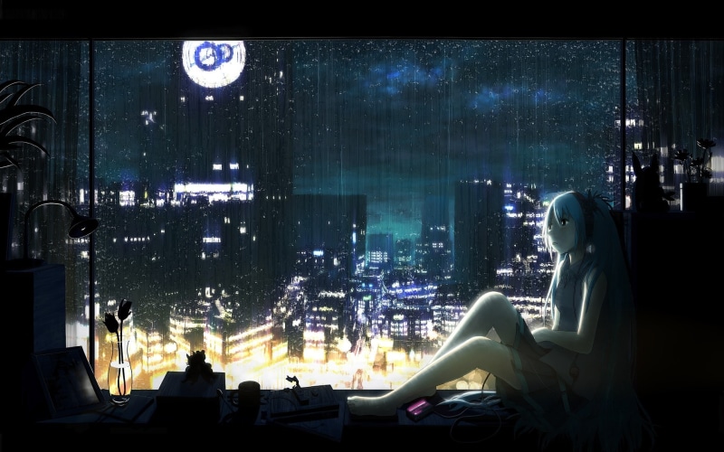 anime, anime girls, fantasy art, Vocaloid, drawing, Hatsune Miku, rain, city, cityscape, 1080P, futuristic