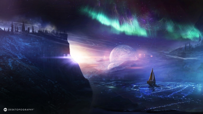 green, Desktopography, Pictures, norwegian, Ship, Lights, brown, sailboat, Water, Creative, animation, 2K, Planet, Northern