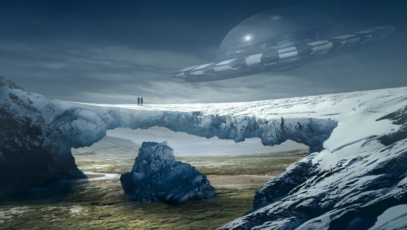 atmosphere, composing, alie, futuristic, 4K, water, frozen, no people, fantasy, photo montage, outdoors, mountain, cloud - sky, spaceship, space, aliens