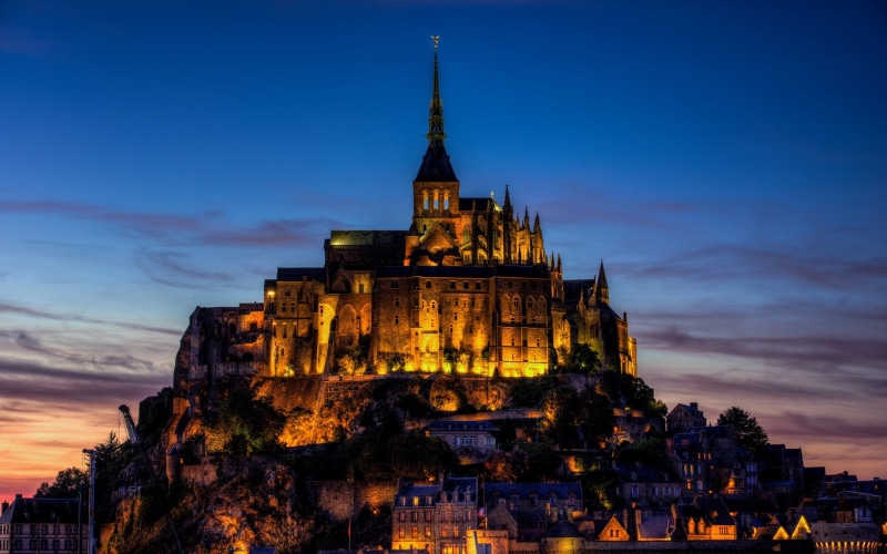 France, Michel, Castle, Lights, City, concrete, Saint, mont, Evening, 1080P