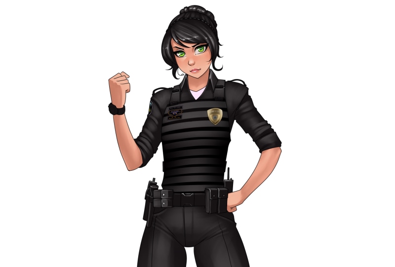 girl, indoors, studio shot, the vest, fashion, women, standing, three quarter length, 2K, officer, front view, female, young adult, anime, protection