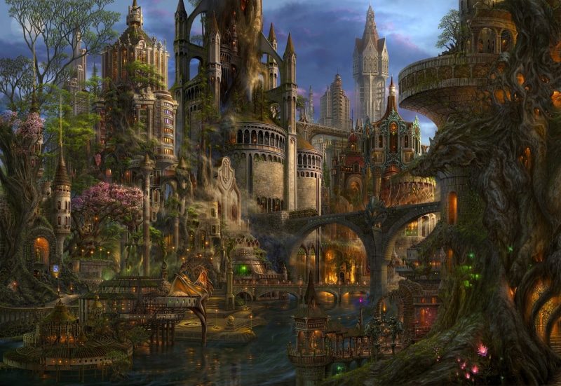 architecture, travel destinations, tower, travel, history, illuminated, fantasy art, fantasy city, plant, place of worship, tourism, 2K, skyscraper, city