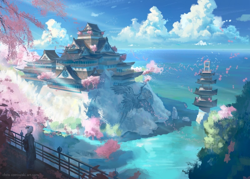 fantasy city, nature, water, 720P, pink, landscape, Japan