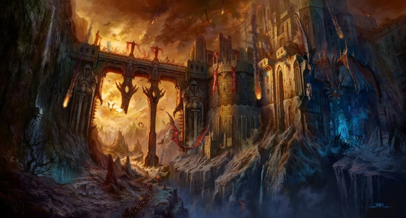 rock formation, dragon, travel, cave, built structure, indoors, architecture, fantasy city, arch, travel destinations, geology, rock, fire, low angle view