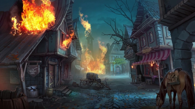 village, digital art, horse, fantasy art, 720P, burning, Elizaveta Lebedeva