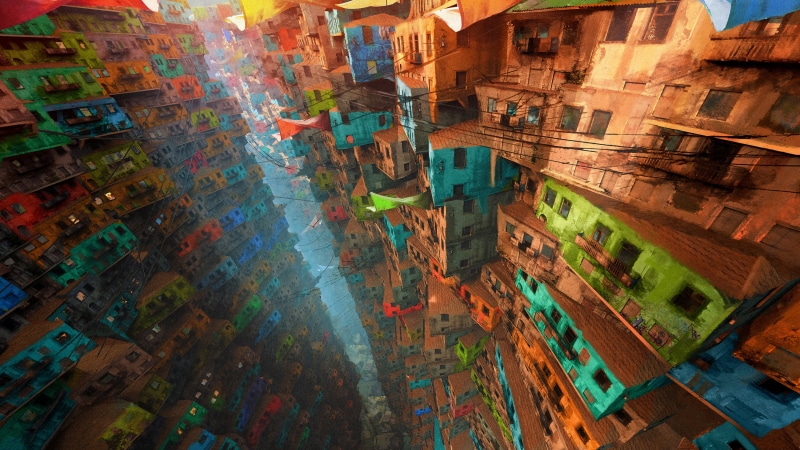 fantasy art, 4K, house, digital art, favela, city