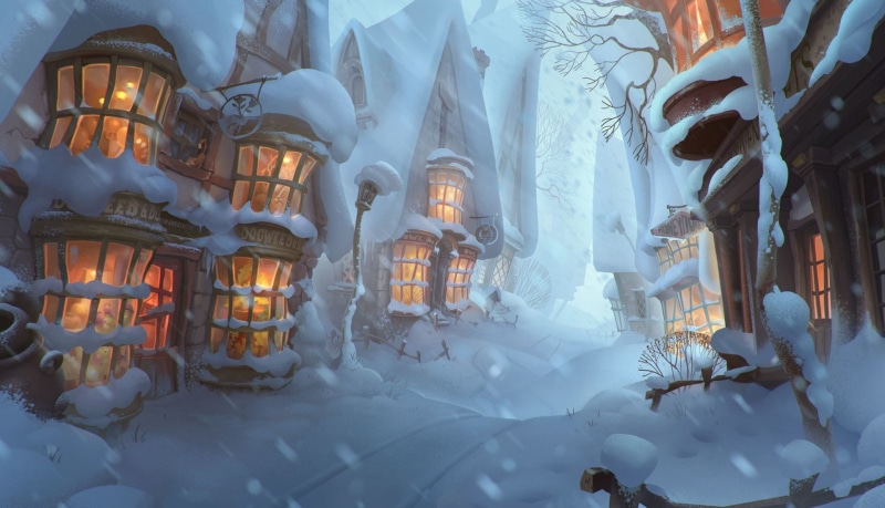 Winter is coming in Hogsmeade!, town, mood, winter, 1080P, snow, beauty, Yelizaveta Lebedeva, art