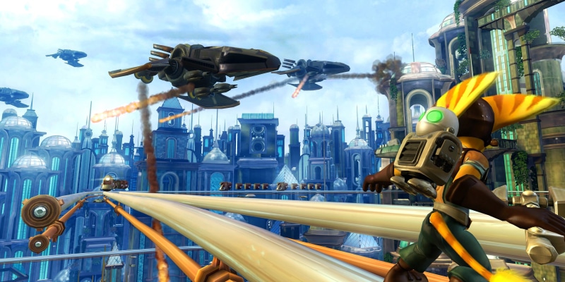 Ratchet and Clank, day, sky, water, nature, built structure, modern, air vehicle, screen shot, no people, 4K, technology, building exterior, travel, Ratchet and Clank Future: Tools of Destruction
