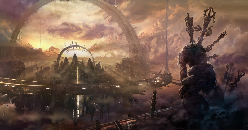 clouds, arch, Heaven, space station, 4K, building, sky, art, fantasy, monster, sci-fi, future, city, sunset