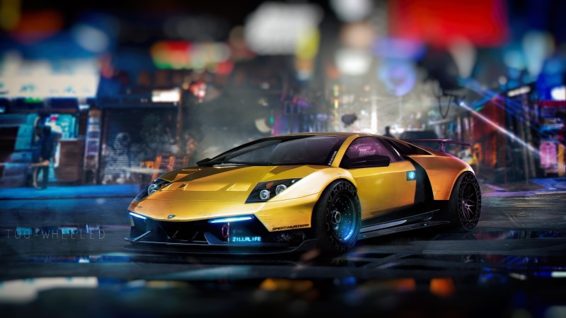 TOO WHEELED, 20XX, Future, Aventador, Sci-fi, The city, Lamborghini Murcielago, oldschool, NFS, Yellow, 1080P, Transport and Vehicles, Illustration, Cyberpunk