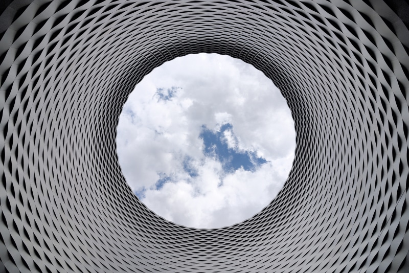 building exterior, low, aluminum, low angle view, 5K, cloudy, photography, architectural, geometric shape, art, chrome, pattern, future