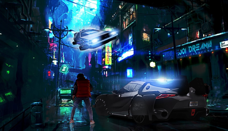 digital art, Mattias Orasson, car, Back to the Future, fantasy art, futuristic city, 1080P