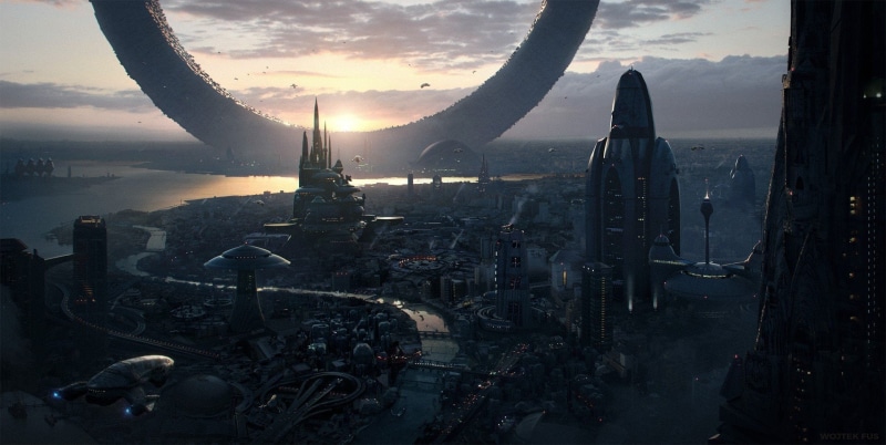 travel destinations, scenics - nature, science fiction future city sunrise, travel, sky, water, sea, transportation, nature, horizon, sun, sunset, pollution