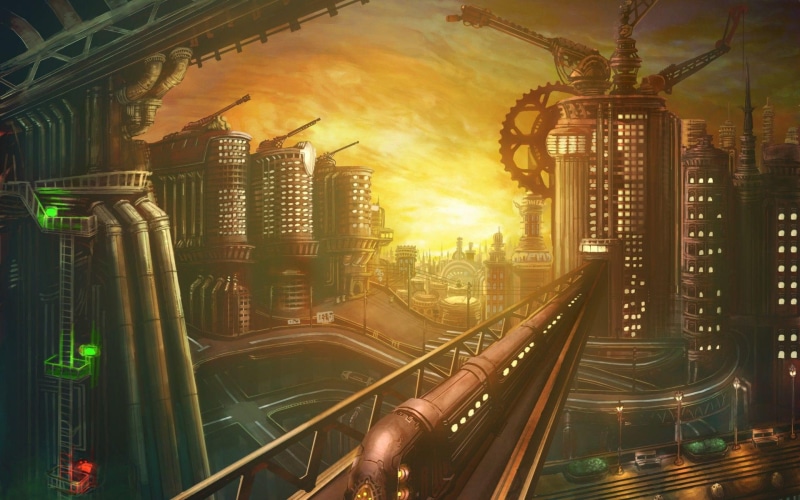 landscape, animation, fantasy, 1080P, city, futuristic, future, building, urban, train, cloud, industrialized, 1920x1200