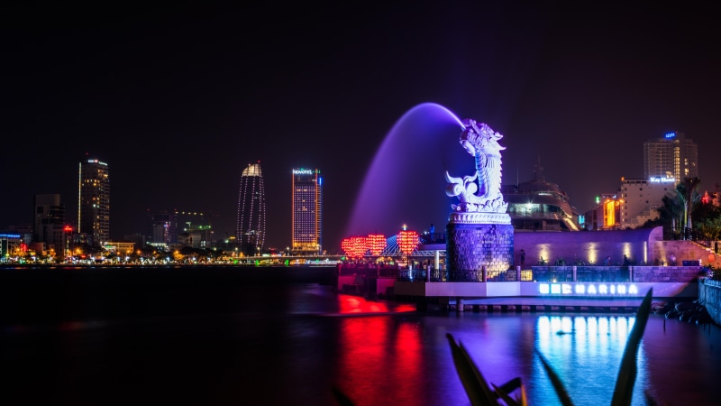 asia, da nang, night, 8K, light, architecture, long-exposure photography, urban, 8k, vietnam, metropolitan, han river, art, dragon statue, fountain, skyline