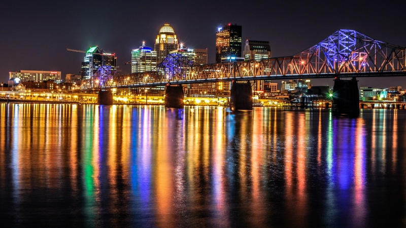 city lights, light, firework display, ohio river, united states, sky, building exterior, reflection, modern, george rogers clark memorial bridge, louisville