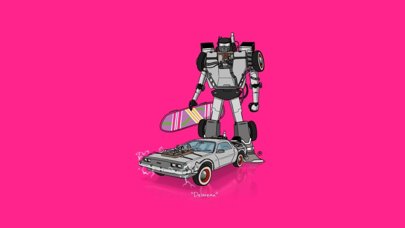 Transformers, illustration, colored background, DeLorean, 1080P, business, pink, gray, Back to the Future, hoverboard, complexity, pink color, crossover