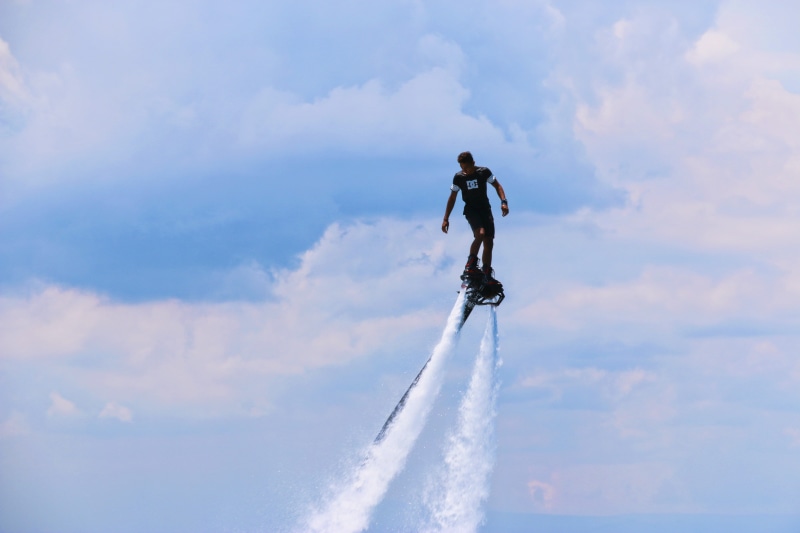 watersport, mode of transportation, man, sport, jet, flying, sky, nature, adventure, hoverboard, cloud - sky, on the move, 5K, board, transportation, mid-air