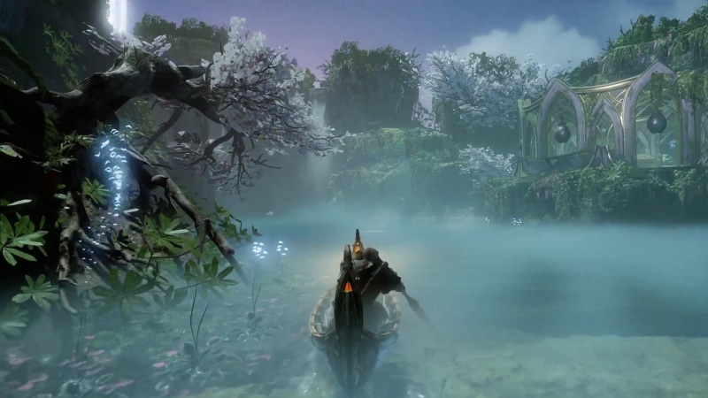 outdoors, tree, men, fog, nature, game, leisure activity, game poster, beauty in nature, clothing, day, water, God of War, application, God of War (2018)