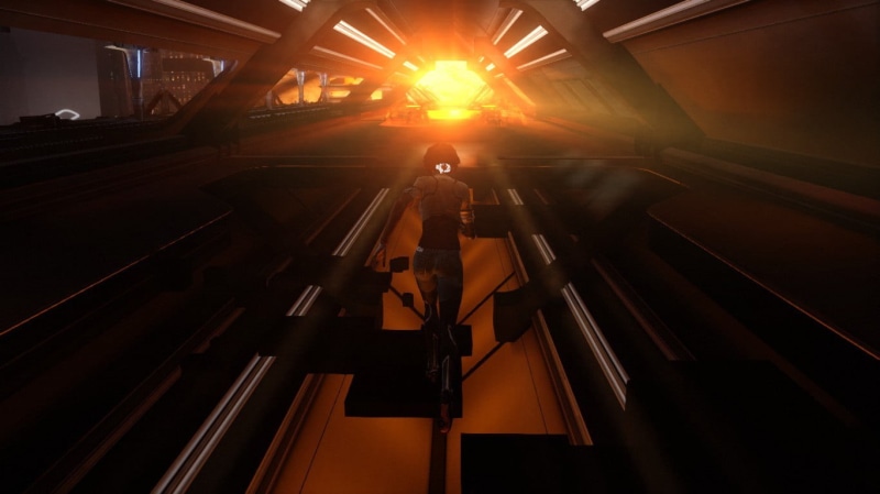 Remember Me, indoors, adult, screenshot, steps and staircases, sunlight, lens flare, men, standing, walking, built structure, transportation, one person