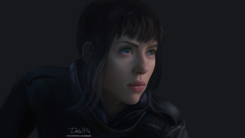 illustration, 1080P, drawing, digital painting, Ghost in the Shell, Ghost in the Shell (Movie), Scarlett Johansson