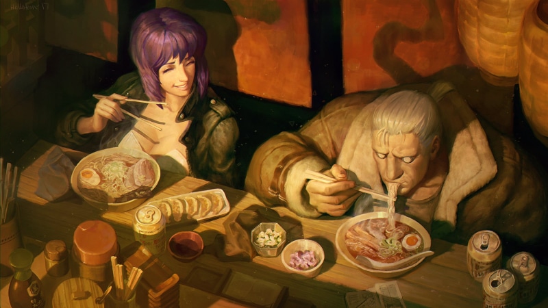 manga, Motoko Kusanagi, eating, anime, Asian, Ghost in the Shell, androids, artwork, digital art, 1080P, movie characters