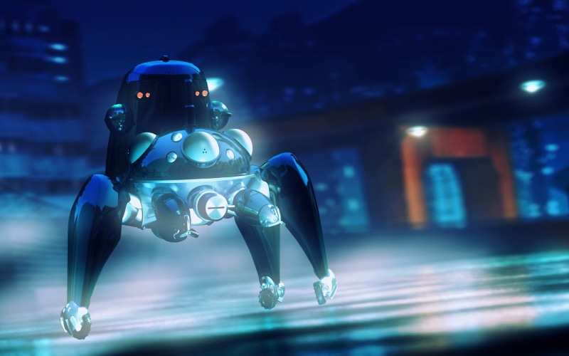 architecture, 720P, Tachikoma, outdoors, full length, Ghost in the Shell, adult, security, protection, illuminated, activity, unrecognizable person, night