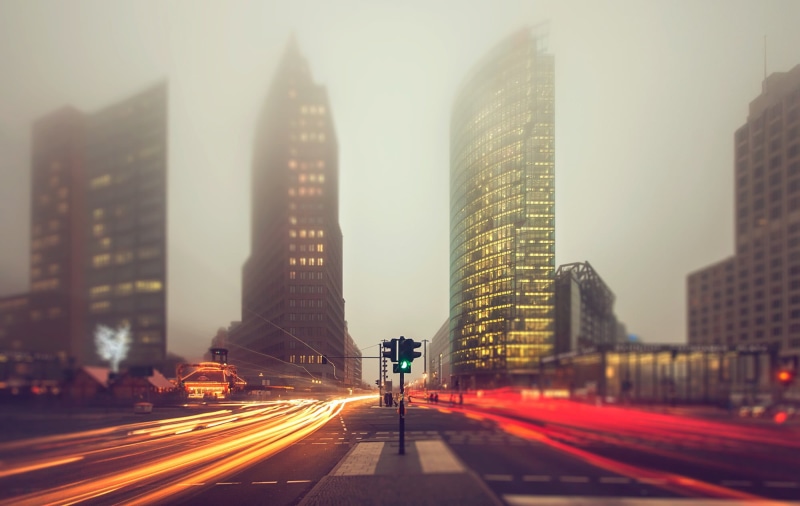 building, light trail, light, city life, traffic, Berlin, tall - high, modern, Germany, financial district, office building exterior, illuminated, long exposure