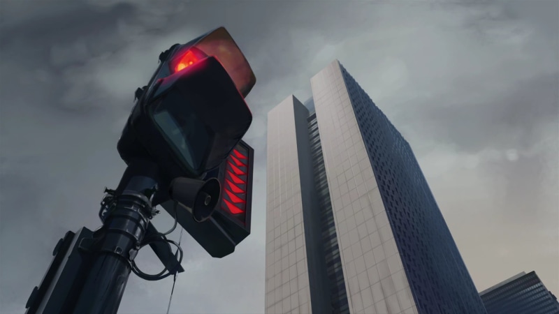 digital art, building exterior, outdoors, office building exterior, 1080P, city, nature, lighting equipment, lights, red, traffic lights, security, traffic