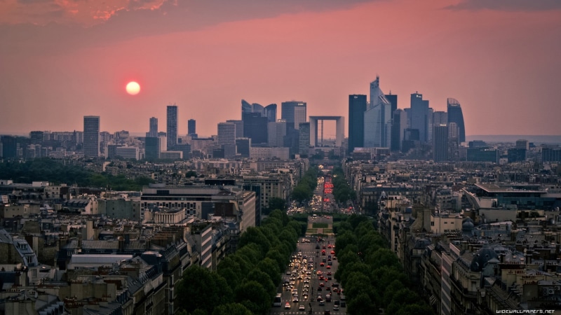 traffic, skyscraper, tall - high, sunset, building, city, nature, financial district, Paris, gray, travel destinations, office building exterior, red, buildings
