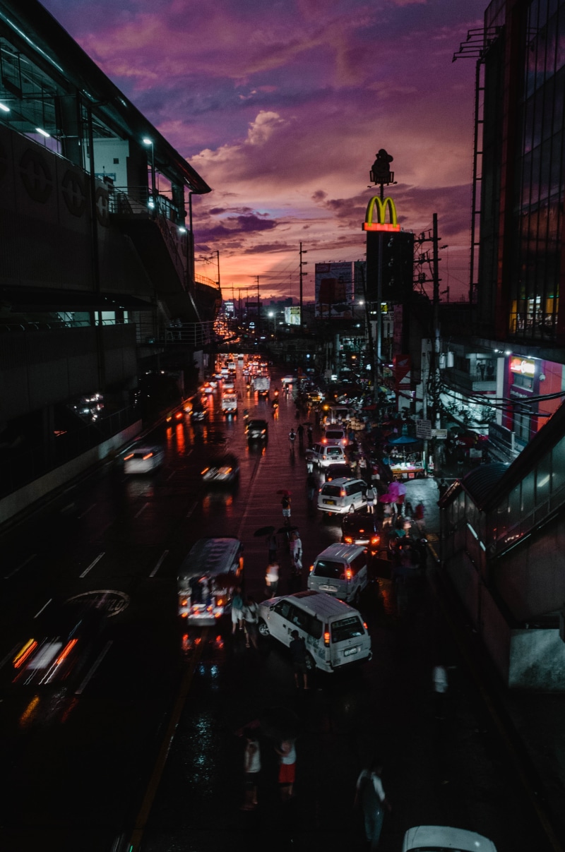 street, sky, metro manila, architecture, no people, rush hour, road, sunset, fast phased, city life, land vehicle, cars, busy street, illuminated, manila