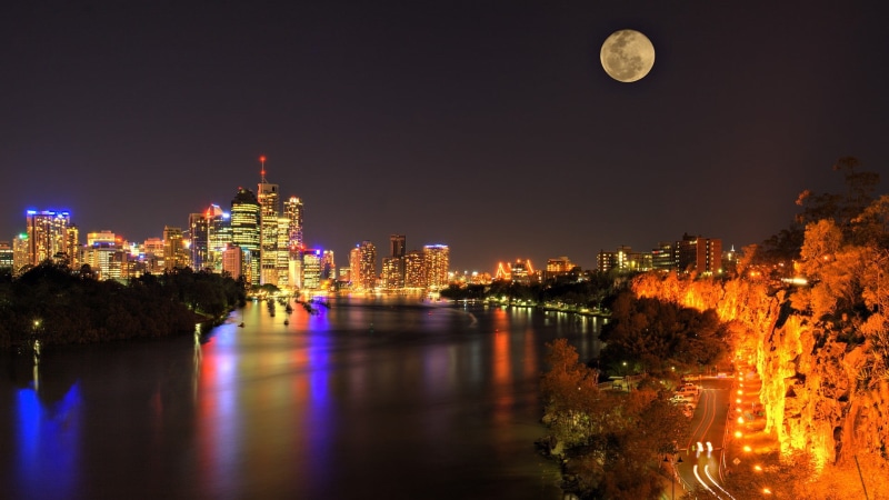 cityscape, river, Brisbane, Moon, night, lights, 1080P, Australia, building