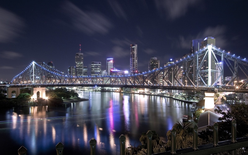 water, city, illuminated, office building exterior, night, nightlife, sky, connection, built structure, travel destinations, 2K, Brisbane, bridge - man made structure