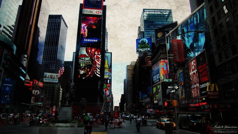 Times Square, New York City, group of people, advertisement, urban, skyscraper, city life, york, architecture, crowd, photo manipulation, office building exterior