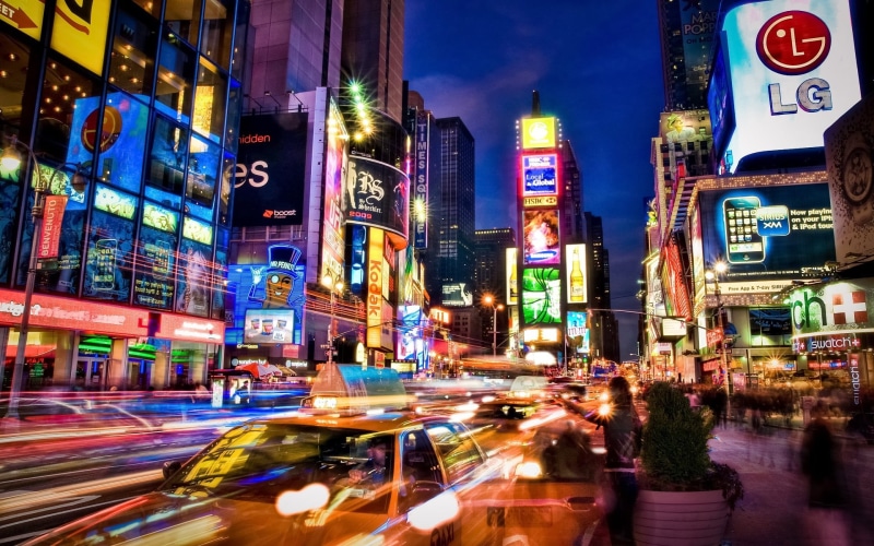 car, times, sign, illuminated, outdoors, building, motion, New York City, city, blurred motion, long exposure, urban, built structure, city life, night