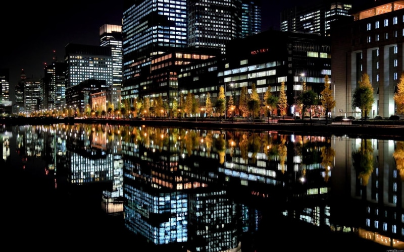 water, mirror, night, 1080P, refection, nature and landscapes, skyscrapers, nightlife, reflection, lights