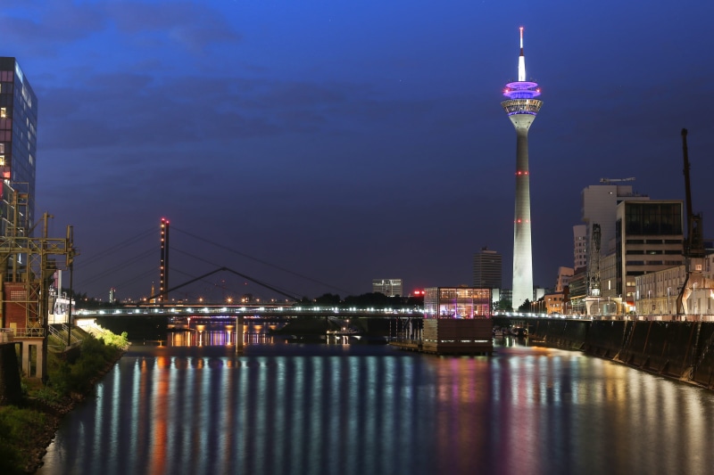 travel destinations, sky, skyline, reflection, rhein, outdoors, nightlight, rheinturm, bridge - man made structure, downtown, illuminated, nature, reflex