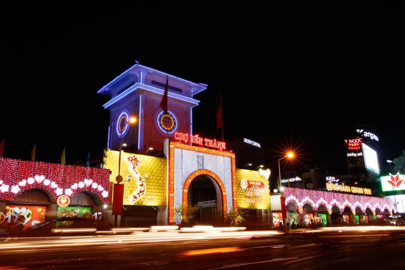 asia, motion, street, building exterior, city, blurred motion, ben thanh market, nighttime, vietnam, building, travel destinations, outdoors, architecture