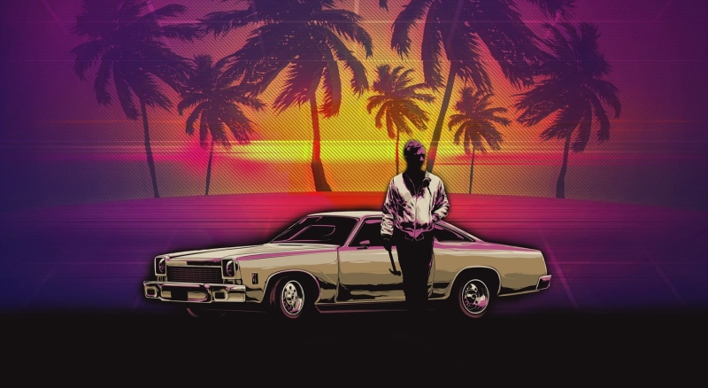 ryan gosling, car, palm tree, man, full length, city, plant, 1080P, illustration, mode of transportation, Other Movies, men, hotline, land vehicle, purple