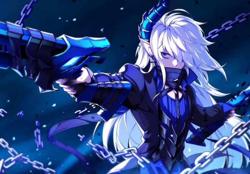 sword, long hair, occupation, stage - performance space, hair, white, lifestyles, young adult, anime, women, gun, long, real people, one person, blue, stage
