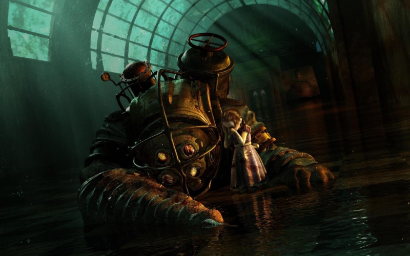 mask, underwater, glass, household equipment, gas mask, container, 2K, BioShock, transparent, glass - material, artwork, brown, video games, water, reflection