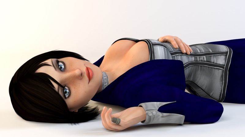 full length, d, relaxation, wearing, studio shot, blue, women, cut out, indoors, young adult, looking at camera, grey, hairstyle, 1080P, BioShock Infinite
