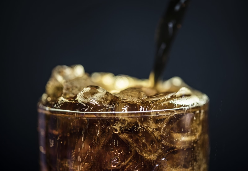Soft drink, cold drink, ice cubes, cola, ice cube, 5K, food and drink, food, frozen, fizzy, drinking glass, freshness, black background, still life, macro