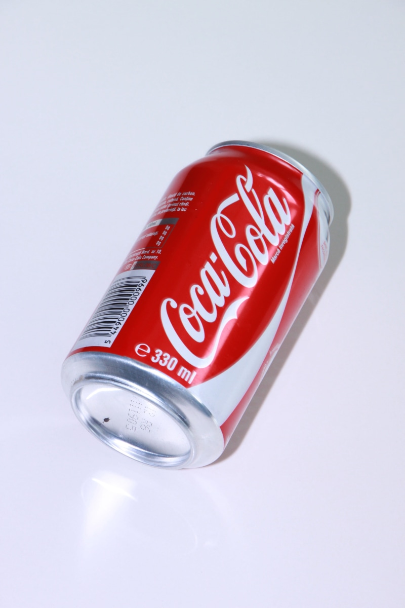 container, capital letter, Cola, Coca, single object, 4K, high angle view, drink Can, indoors, studio Shot, Food, copy space, brand-name, open, cut out