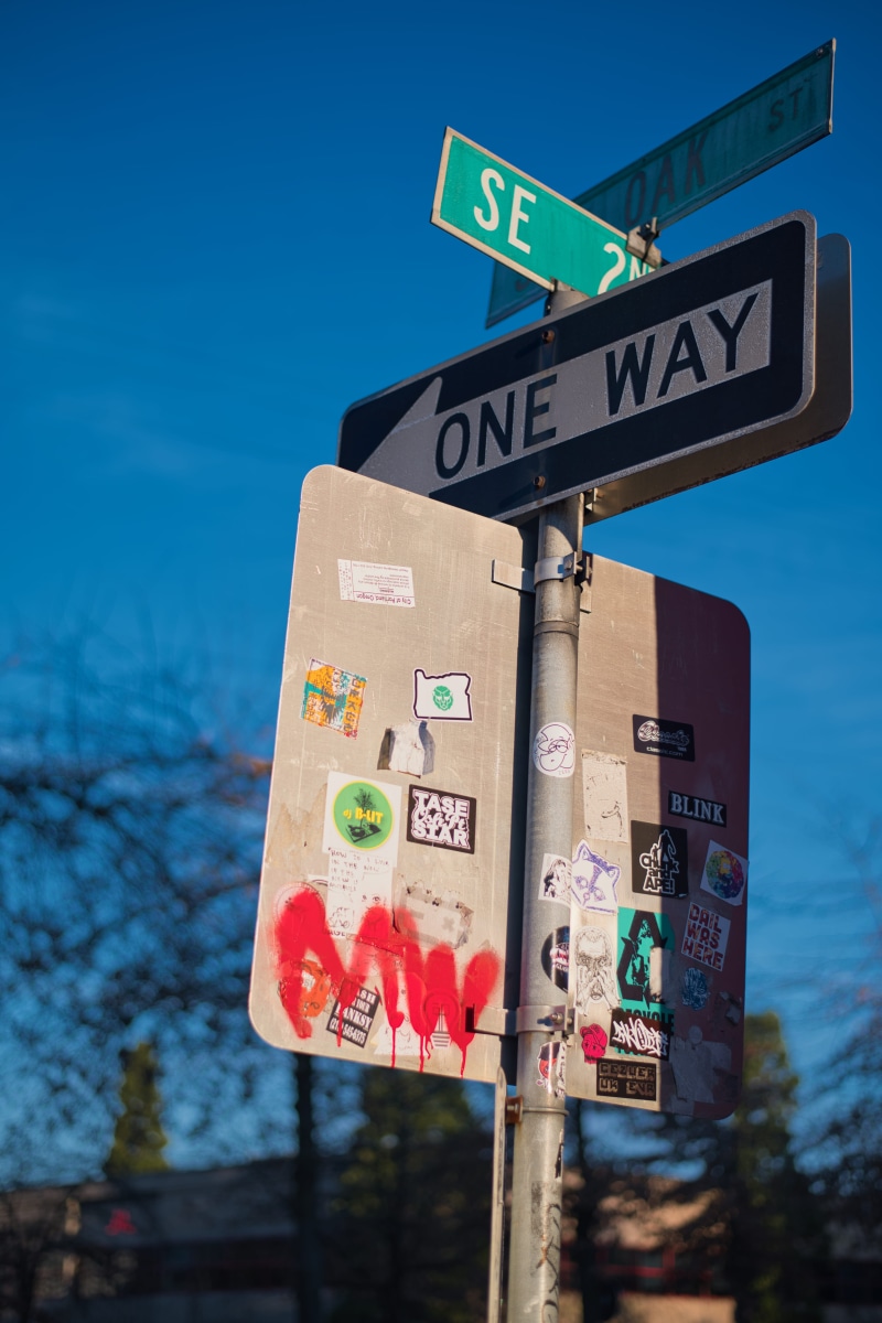 road, low angle view, or, stopsign, bus stop, traffic arrow sign, portland, information sign, guidance, 5K, communication, street, label, western script
