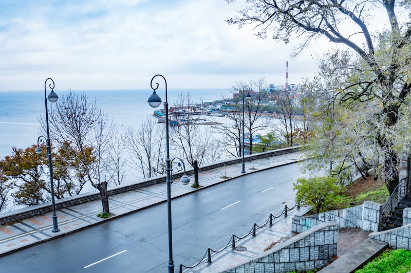 nature, architecture, russia, building exterior, asphalt, water, road, pedestrian, city, outdoors, bridge, path, vladivostok, lamp post, built structure