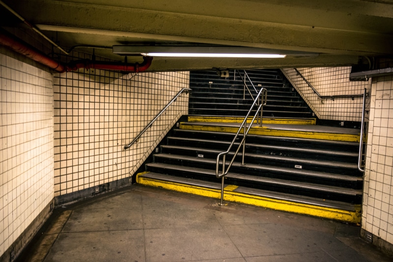indoors, manhattan, usa, stairs, tile, stair, metal, street, built structure, america, 5K, no people, dirty, yellow, exit, black, absence, train, tiles