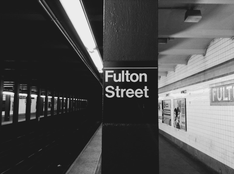 ceiling, subway station, signage, communication, Fulton Street, architecture, text, subway train, architectural column, grayscale, fulton, photo, street