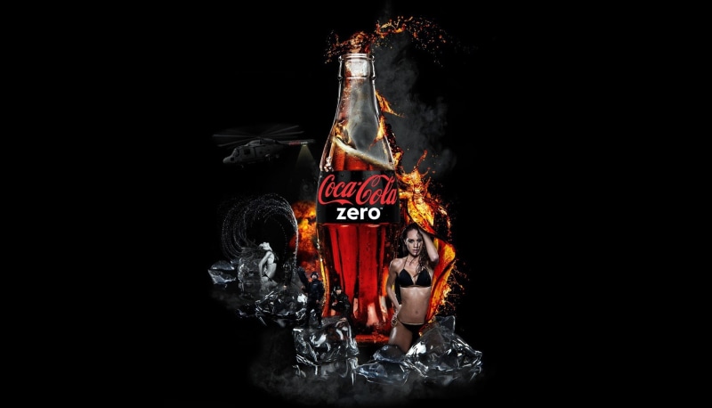 BRAND, COCA-COLA, full length, BACKGROUND, ad, cola, front view, one person, celebration, ZERO, illuminated, DROPS, human representation, ICE, 1080P, studio shot