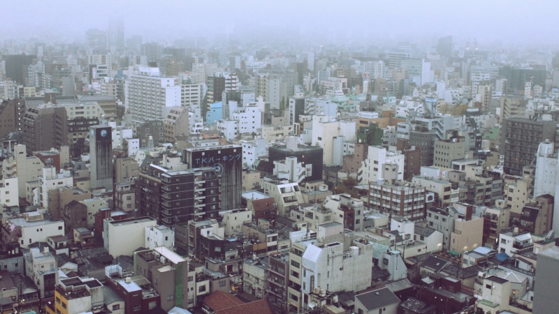 Japan, city, parking lot, 1080P, town, katakana, building, mist, kanji